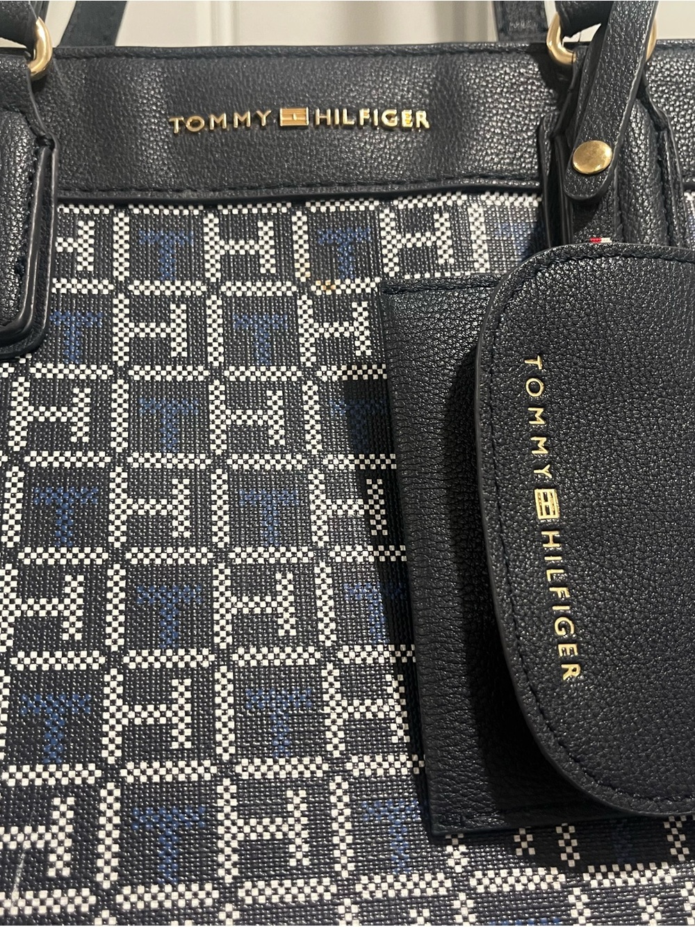 Tommy Hilfiger Navy Blue, Red and White Jacquard Tote with Gold Hardware